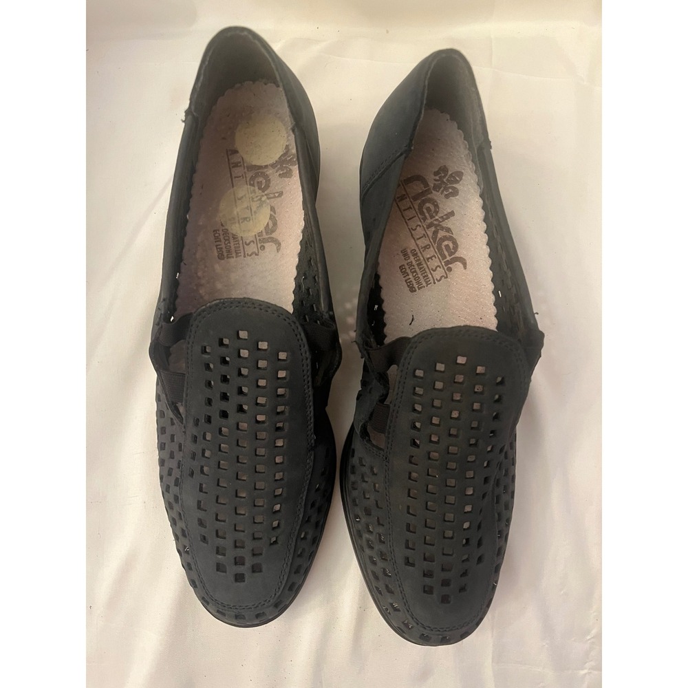 Rieker Antistress Black Perforated Leather Loafers Slip On Shoes Size 7